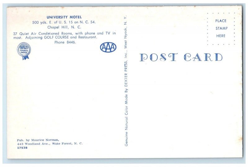 1960 University Motel Golf Course Restaurant Chapel Hill North Carolina Postcard