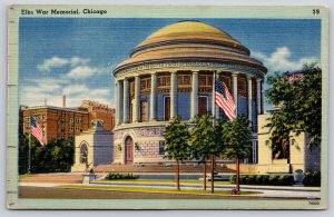 Chicago Illinois~Elks War Memorial~USA Flag~Beaux-Arts~Linen 1940s Postcard