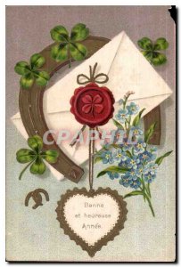 Old Postcard Happy New Year Flowers Horseshoe