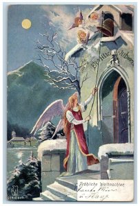 c1905 Christmas Angel Ringing Tower Bell Angels Moon View Germany Postcard 
