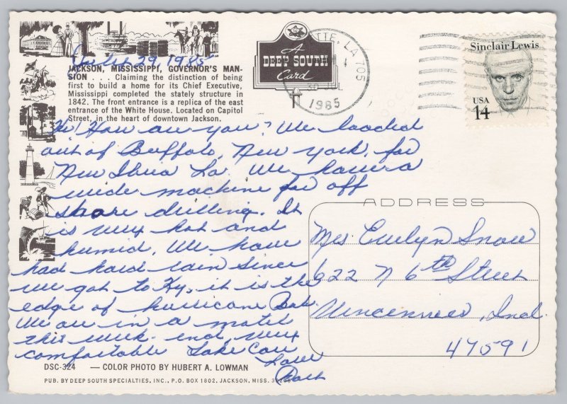 State View~Governors Mansion @ Jackson Mississippi~Continental Postcard