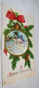 Merry Christmas Greetings Pinecones Postcard Stecher Lith Co. New York