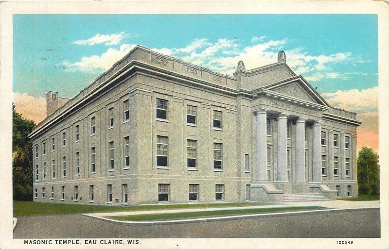 Eau Claire Wisconsin~Masonic Temple~1920s Postcard