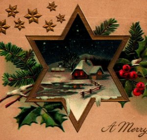 A Merry Chirstmas Star Of David Pine Boughs Holly Gilt Embossed 1908 Postcard