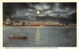 ANNAPOLIS, Maryland MD  HARBOR & NAVAL ACADEMY Night~Full Moon ca1920's Postcard