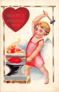 H84/ Valentine's Day Love Holiday Postcard c1910 Cupid Anvil Blacksmith9