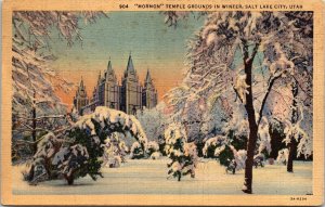 Mormon Temple Grounds Winter Salt Lake City Utah UT Sunset Linen Postcard UNP 