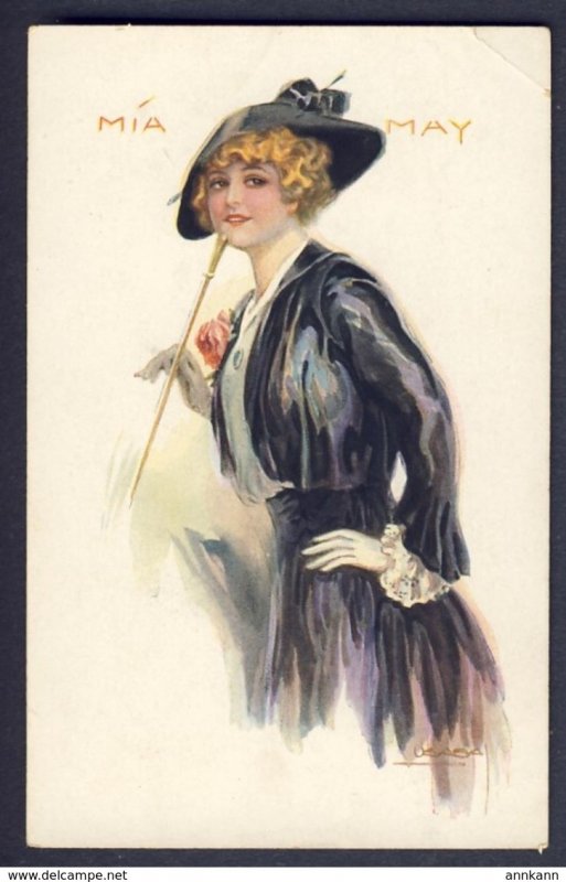 USABAL artist Blonde woman Mia May bowed hat, gloved frilly sleeved