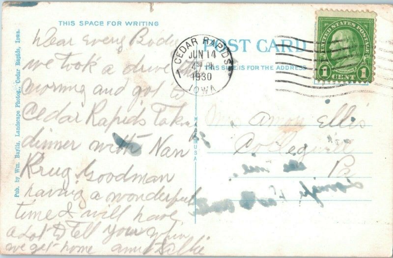 Quaker Oats Elevators and B Ave Bridge Postcard Cedar Rapids IA Postmarked 1930