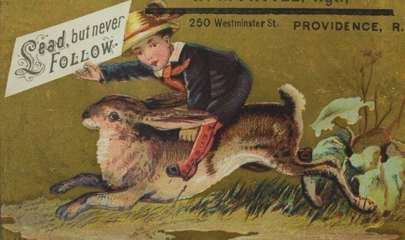 1880's Wheeler & Wilson Mfg. Co. Sewing Tiny Boy Riding Giant Brown Rabbit P38 