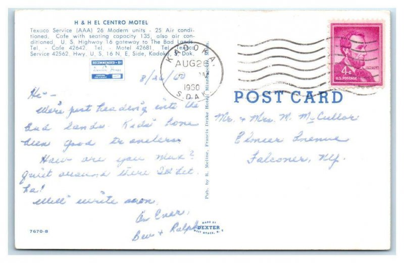 KADOKA, South Dakota SD ~ Roadside H & H EL CENTRO MOTEL Texaco Station Postcard