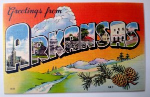 Greetings From Arkansas Large Big Letter Linen Postcard Mountains Trees Pinecone