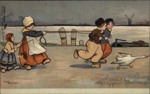 Ethel Parkinson Folk Art Dutch Children and Goose c1910 Vintage Postcard