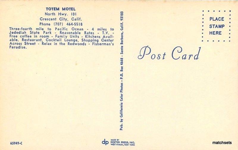 1950s Totem Motel Crescent City California auto van Dexter postcard 665