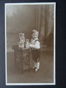 Studio Portrait of Young Boy & BUILDING BRICKS Harold Powdrill Old RP Postcard