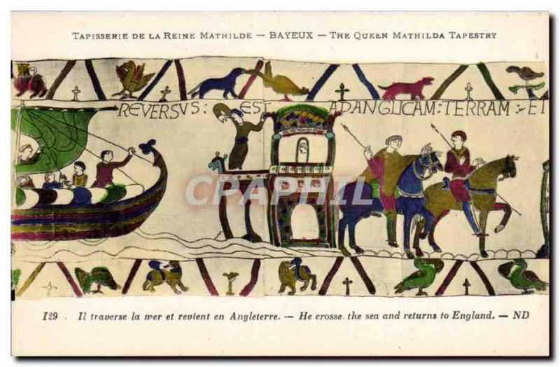 Postcard Old Bayeux Tapestry of Queen Mathilde Harold crosses the sea and ret...