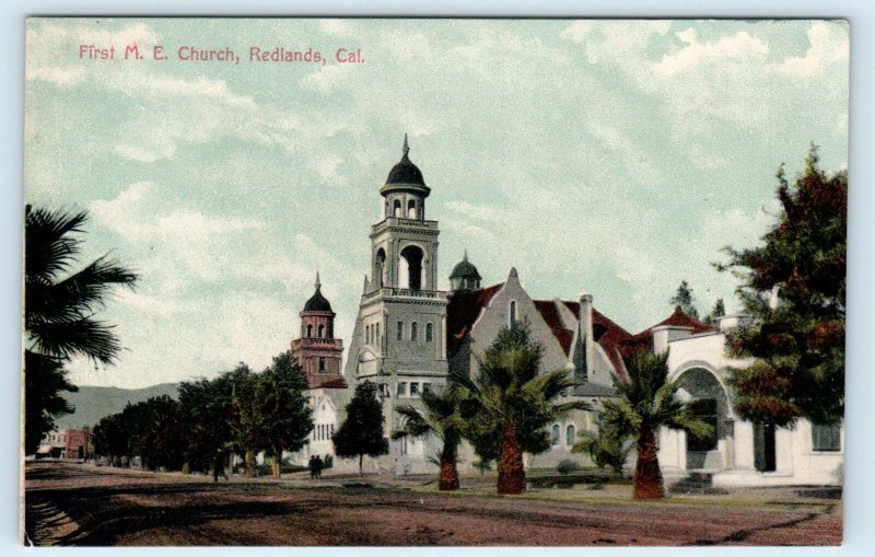 REDLANDS, CA California ~ First M E CHURCH Street Scene  c1900s Postcard