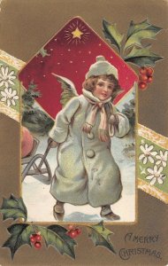 angel pulling sled gold background G A series 1360 c 1910 christmas ac 124