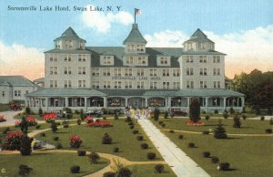 Stevensville Lake Hotel, Swan Lake, New York Old Cars Linen Postcard