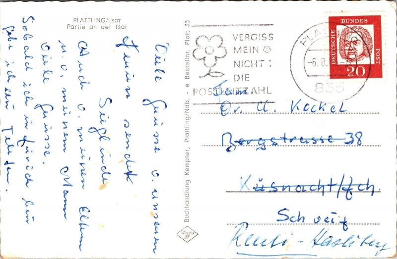 Plattling Isar génitale Postal PM cancelar WOB Nota bestellnr Buchhandlung Vintage 