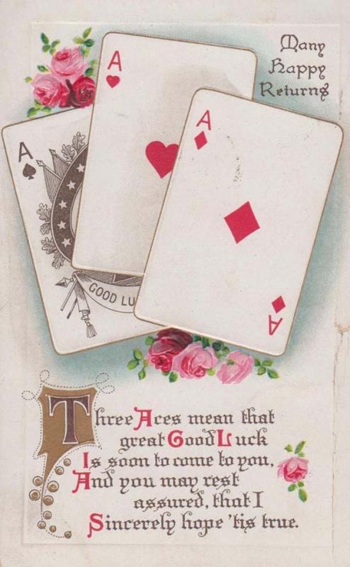 Three Aces Pack Of Cards Poker Good Gamblers Luck Greetings WW1 Antique Postcard