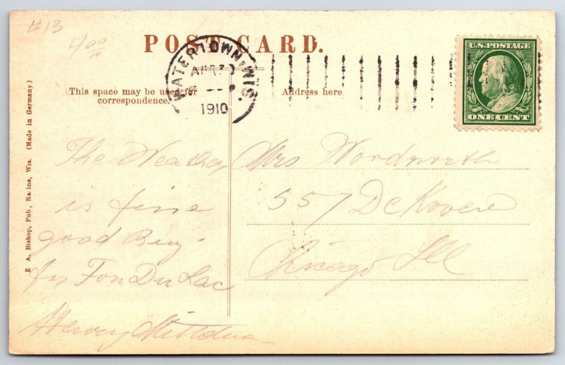 Watertown Wisconsin~Public Library Street View~Columns~Pediment~1910 Postcard