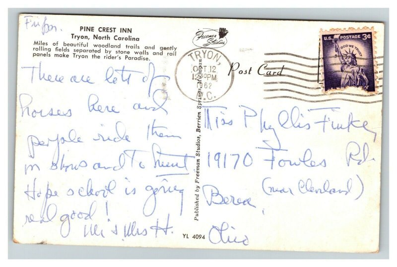 Vintage 1962 Postcard Pine Crest Inn Fox Hunting Tryon North Carolina