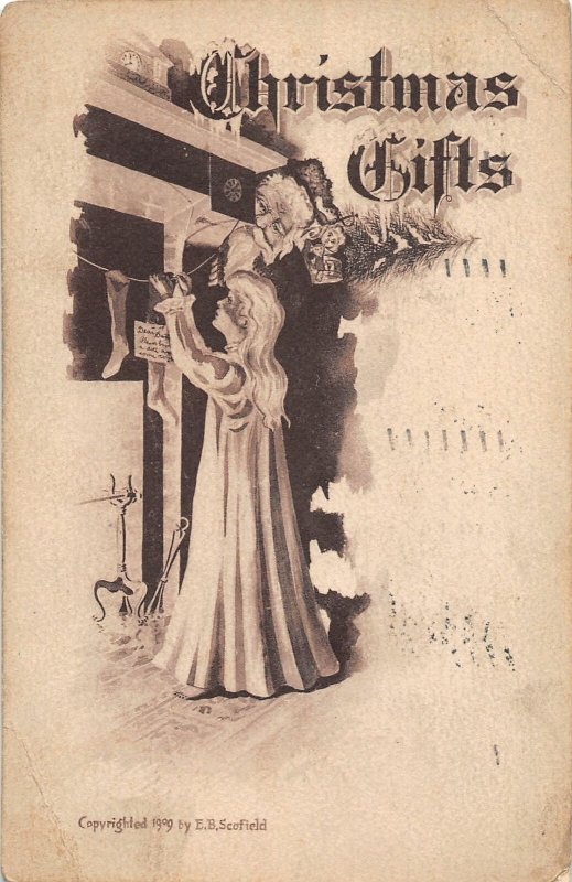 F73/ Santa Claus Merry Christmas Holiday Postcard c1910 Girl Fireplace 9