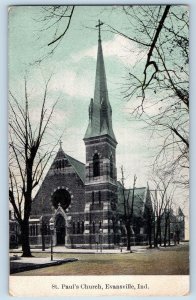 Evansville Indiana IN Postcard St. Paul's Church Exterior Roadside c1910s Trees