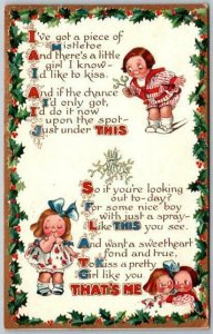 Adorable Boy and Girl Mistletoe Christmas Holiday Cute German Postcard