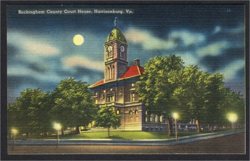 Harrisonburg VA Rockingham County Court House 1940s-1950s Linen Postcard
