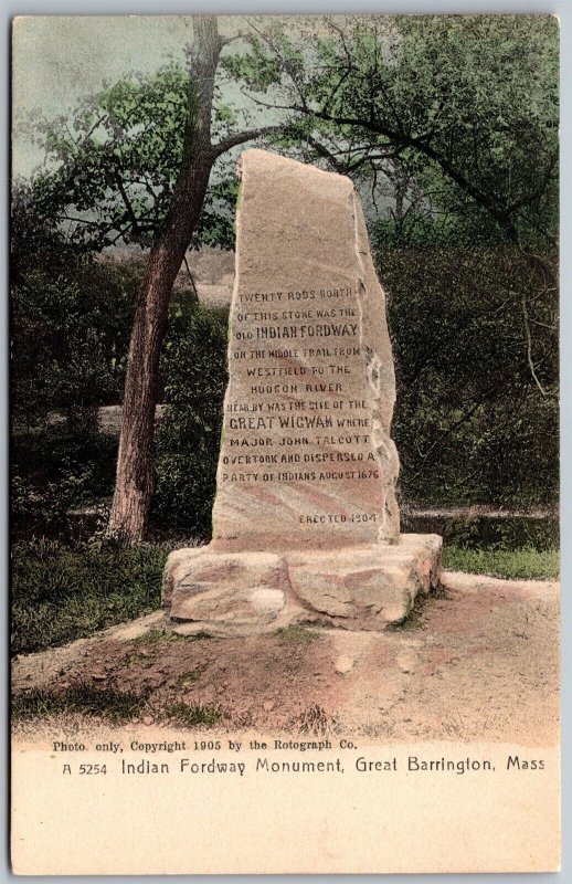 Vtg Great Barrington Massachusetts MA Indian Fordway Monument 1905 View Postcard