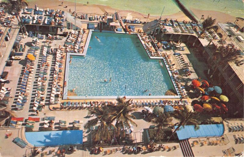 MIAMI BEACH FL SHERRY FRONTENAC HOTEL~VIEW POOL & CABANA COLONY POSTCARD 1956