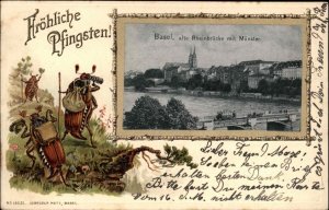 Basel Switzerland Frohliche Pfingsten Hiking Beetles Backpacks Fantasy c1910 PC