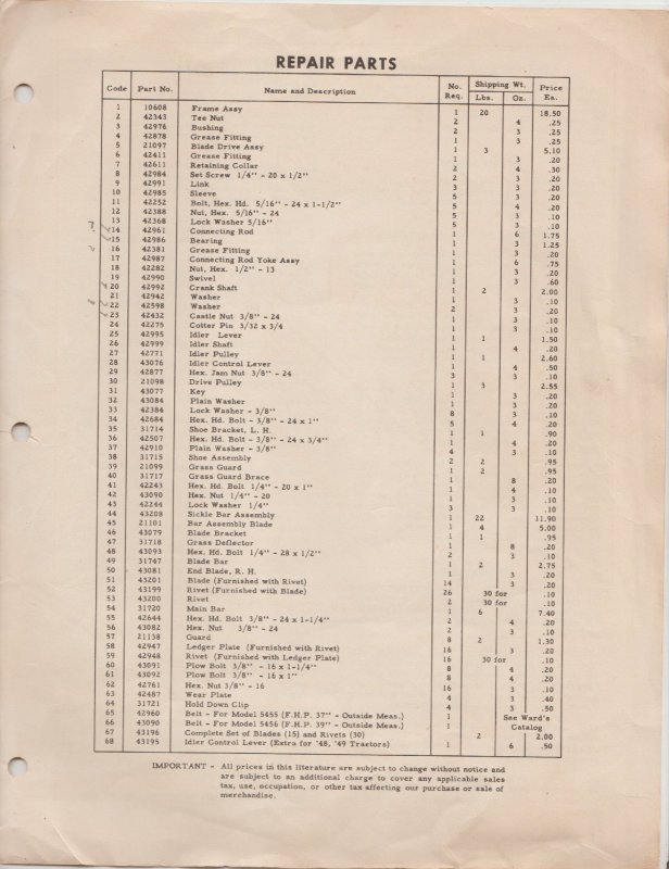 Ward's Sickle Bar Mower Attachment Instructions & Parts List Hoe Plow Chor Trac