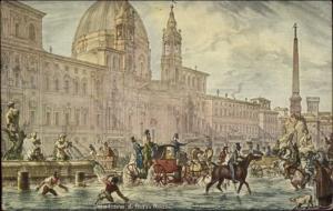 Innondazione di Piazza Navona - Special Italian Stamp on Back c1910 Postcard