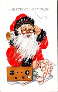 Christmas Postcard Santa Claus Listening to Radio Writing Children's Wish List