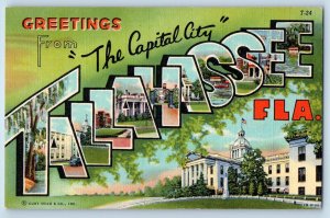 Tallahassee Florida FL Postcard Large Letter Greetings Landmarks c1940's Vintage