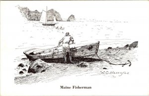 ME, Maine FISHERMAN~WC Hasenfus Signed ARTIST'S SKETCH  1950 Sagadahoc Postcard