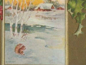 c1910-1920s Christmas country snow scene squirrel gilt embossed postcard C518 