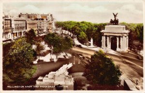 Wellington Arch & Piccadilly, London, early hand colored, real photo, postcard