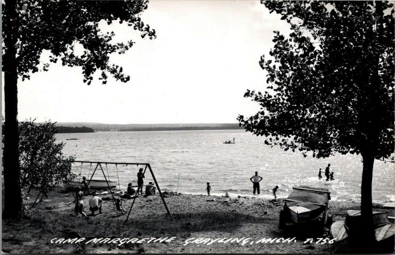 Grayling Michigan~Camp Margrethe~Beach Swingset~Boats~1950s Real Photo~RPPC 