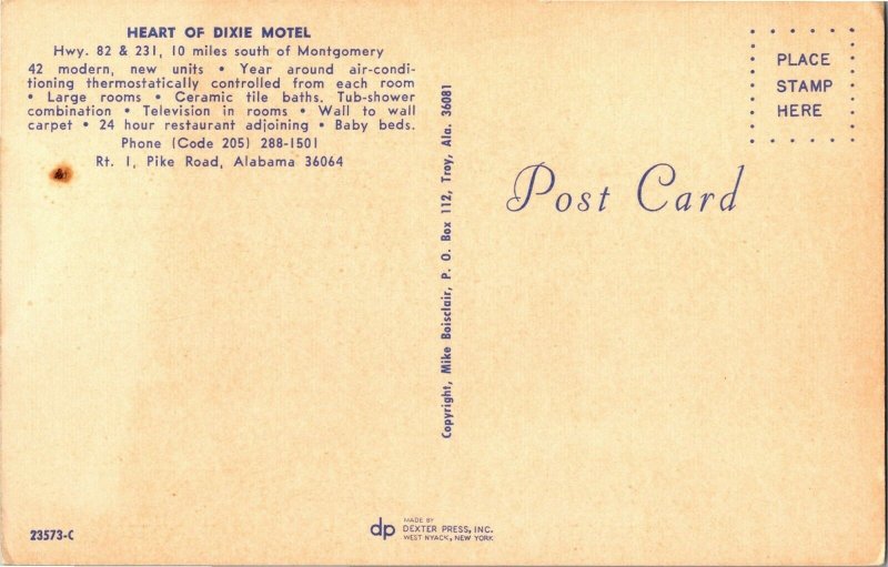 Heart of Dixie Motel Rt 1 Pike Road, Montgomery AL Vintage Postcard D08