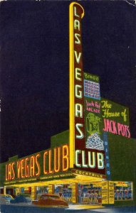 LAS VEGAS CLUB Nevada Casino Neon Signs Night Roadside c1950s Vintage Postcard