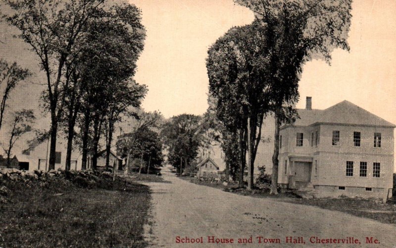 Chesterville, Maine - School House & Town Hall - c1904 -  Vintage Postcard