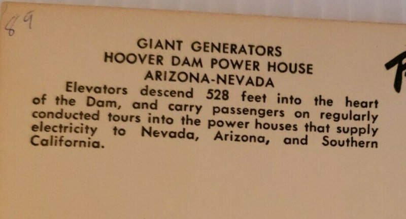 Vintage Postcard Hoover Dam giant generators California Arizona Nevada 1989