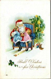 Santa Children in Lap Tree Candles Best Wishes Christmas Postcard Embossed 1915