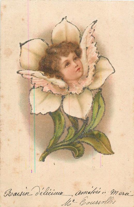 Flower girl surrealism fantasy chromo postcard 1900s