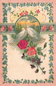 Vintage Postcard 1911 Birds Landscape Rose Flowers Forget Me Not Greetings Card