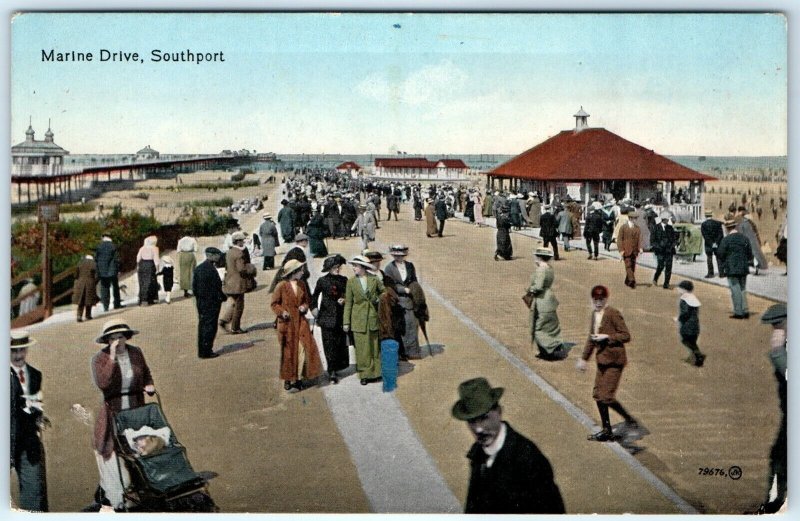 c1910s Southport, Lancashire, England Marine Drive Postcard Crowd Street A40